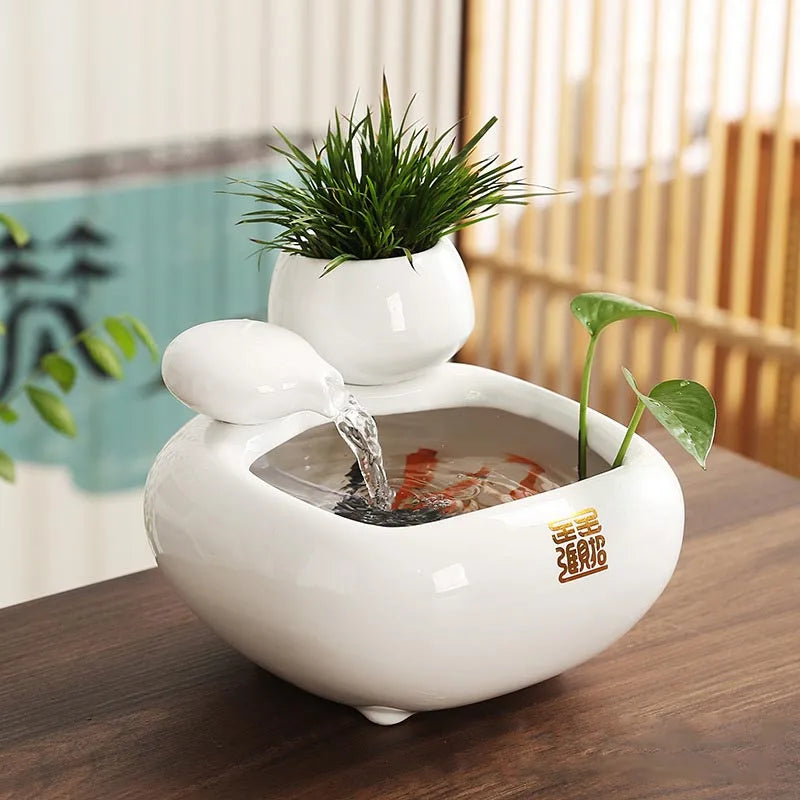 Ceramic Fountain Meditation Calming Waterfall Hydroponic Vase Fish Tank Feng Shui Water Feature Office Home Decor Powered