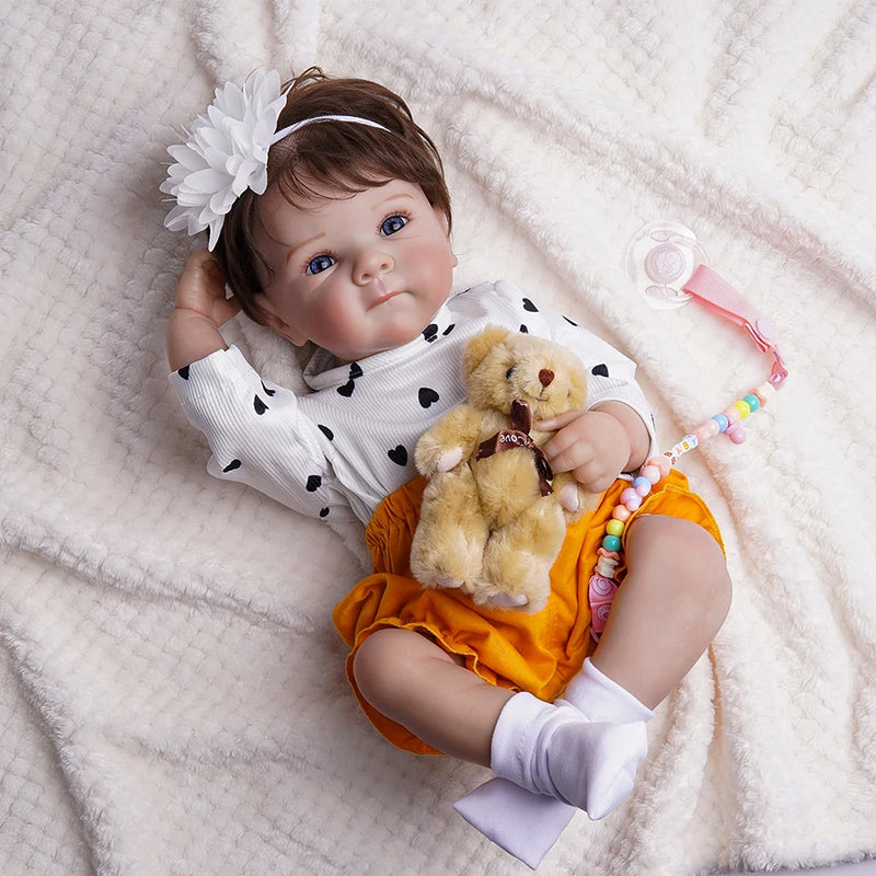 Boneca Bebê Reborn Realista Lorena Silicone Inteiro Olhos Azuis 48cm Pintada à Mão