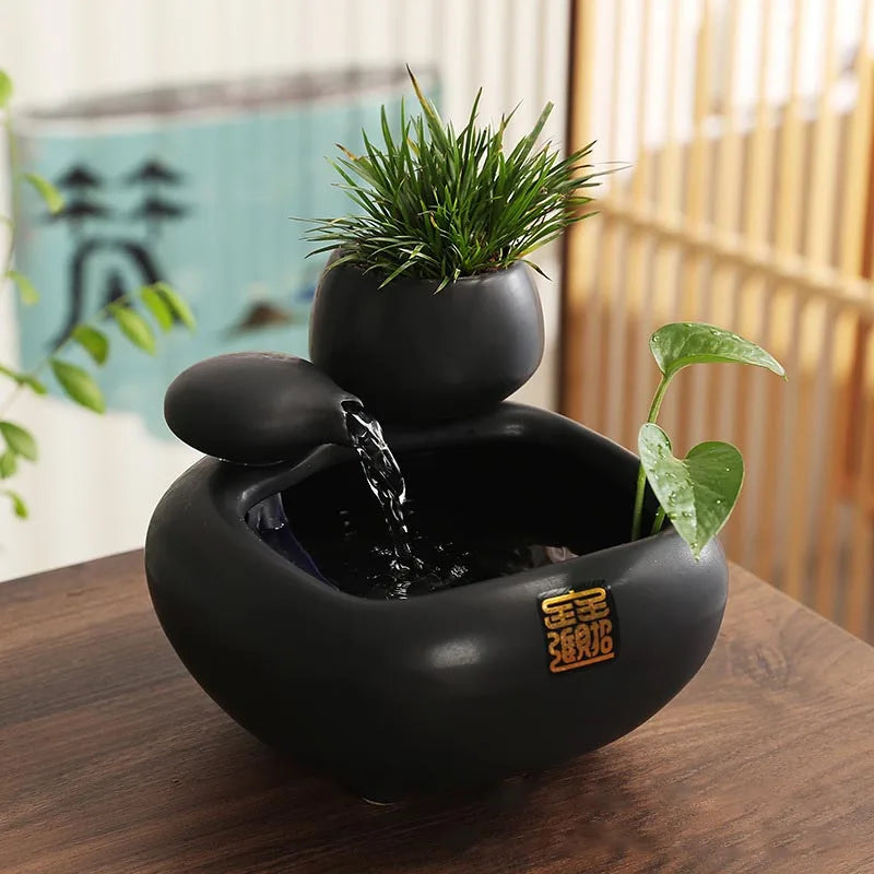 Ceramic Fountain Meditation Calming Waterfall Hydroponic Vase Fish Tank Feng Shui Water Feature Office Home Decor Powered