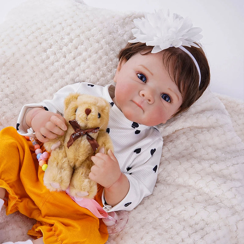 Boneca Bebê Reborn Realista Lorena Silicone Inteiro Olhos Azuis 48cm Pintada à Mão