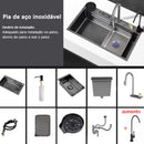 Kit Pia de Cozinha com Sifão, Aço Inoxidável, Torneira Flexível Preta, Lavadora de Copos, Cuba Gourmet